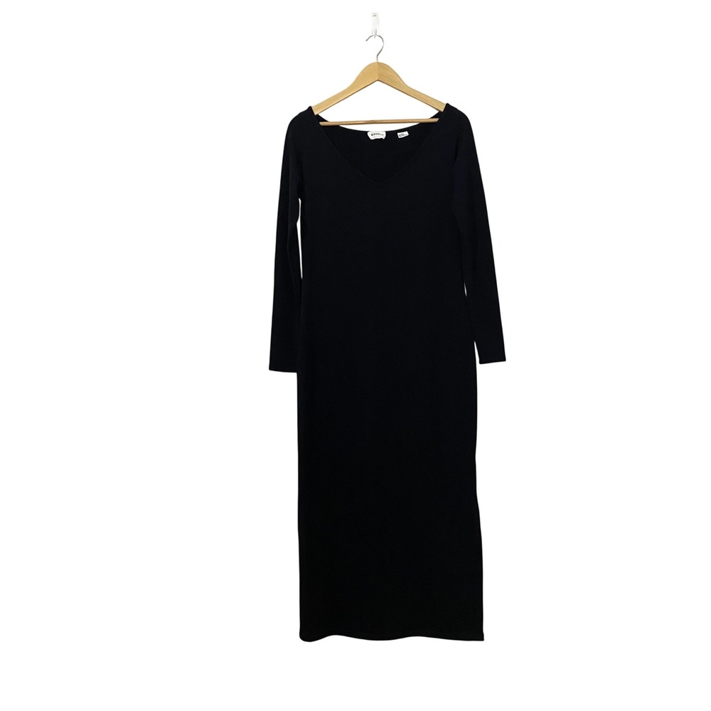 Marcella NYC Black V-Neck Long Sleeve Midi Dress Large Solid Knit Stretch Shift